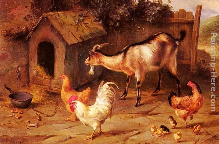 Edgar Hunt Fowl, Chicks And Goats By A Dog Kennel